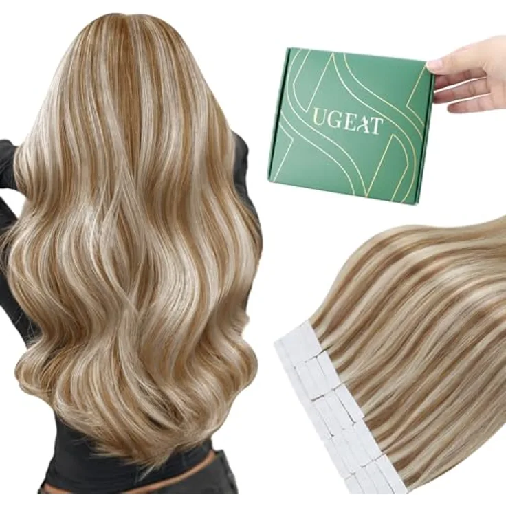 Ugeat Tape Extensions Echthaar Braun Highlights, Remy-Echthaar 60 cm, 50 g, 20 Stück #10/613
