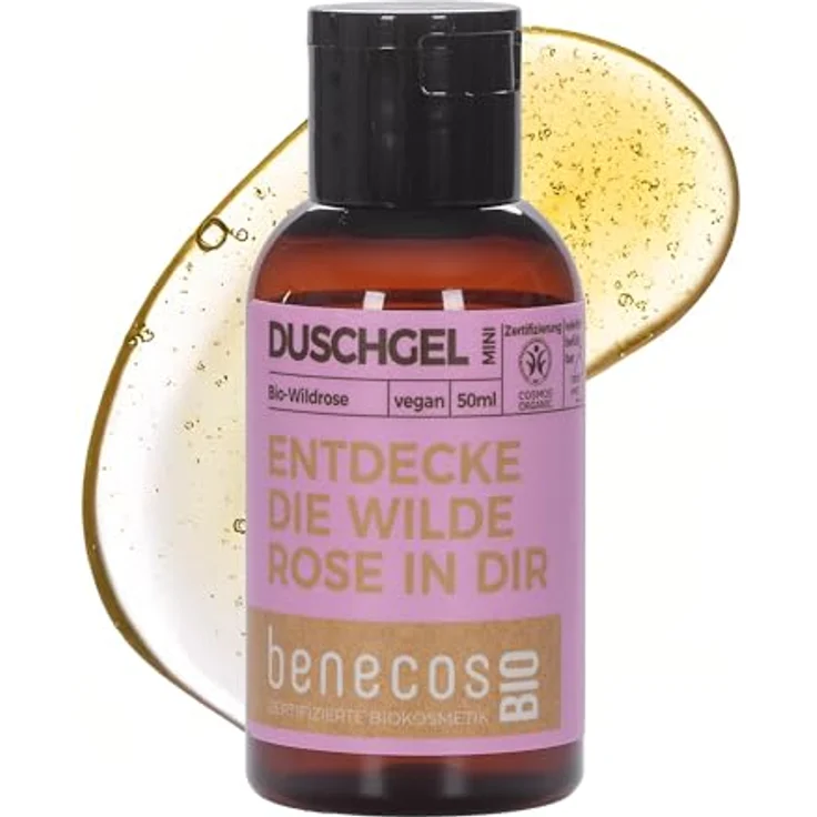 Benecos Duschgel Wildrose Mini, 50ml mit Bio-Wildrosenöl und sanften pflanzlichen Tensiden – Bild 1