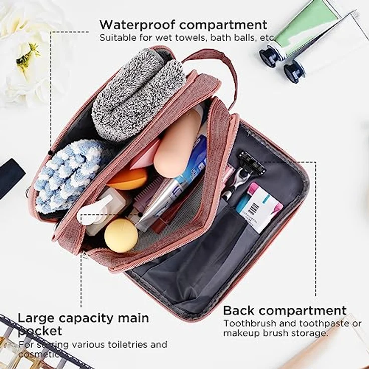 AiQInu Kulturtasche Damen, Reise Kulturbeutel Herren Oxford Tuch Wasserdicht Waschtasche Kosmetiktasche Reisezubehör Großer Stauraum (Rosa) – Bild 3