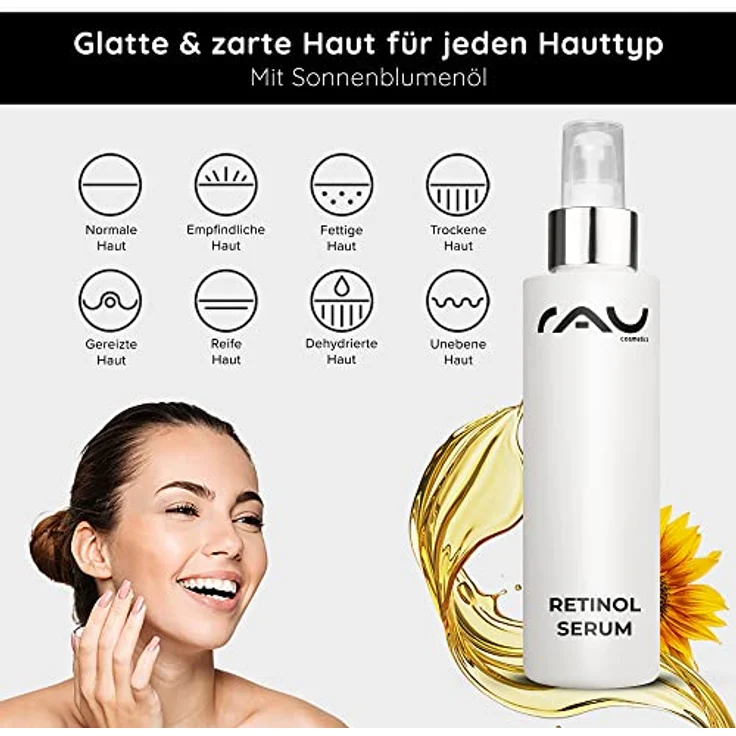RAU Cosmetics Vitamin A Retinol Serum 100 ml - Anti-Aging Serum mit Hyaluronsäure, Vitamin A & Panthenol - gegen Falten im Gesicht & Anti Akne & Pickel – Bild 4