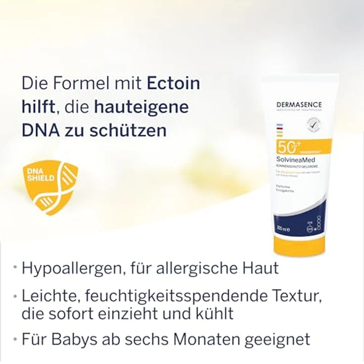 DERMASENCE SolvineaMed Sonnenschutz-Gelcreme LSF50plus, 200 ml - Wasserfest, für allergische Haut, ölfrei, UVA- und UVB-Schutz, hypoallergen – Bild 4