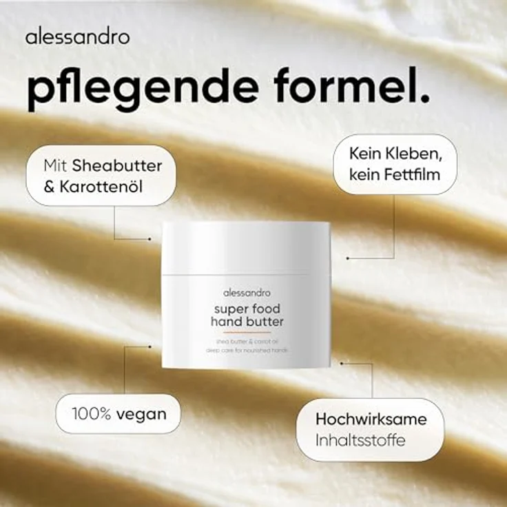 alessandro Superfood Hand Butter, Intensive Feuchtigkeit & Schutz für trockene Hände mit Sheabutter & Karottenöl, 50ml, vegan – Bild 4
