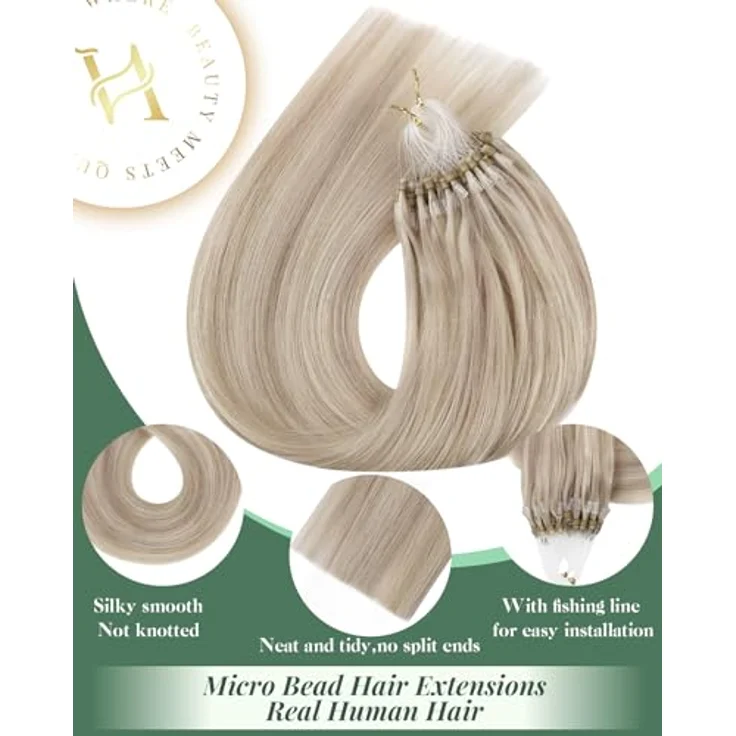 Ugeat Echthaar Extensions Micro Ring, Asch Blond #18/613, 55 cm, 50 Strähnen à 1 g, hitzebeständig bis 180 °C – Bild 2