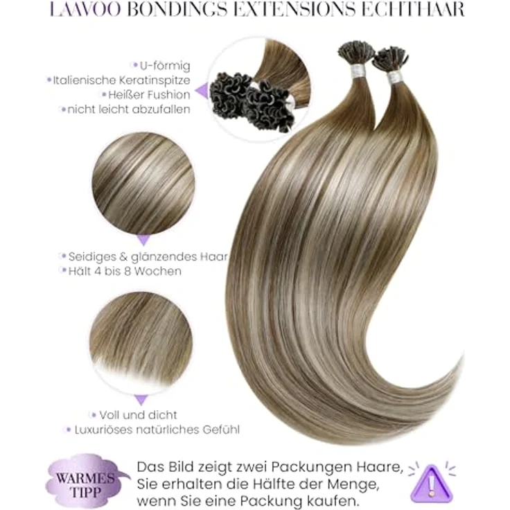 LaaVoo Bondings Extensions Echthaar U-Tip Hot Fusion, Ombre Braun zu Platinblond Balayage, 50cm, 50g, #8/60/8 – Bild 2