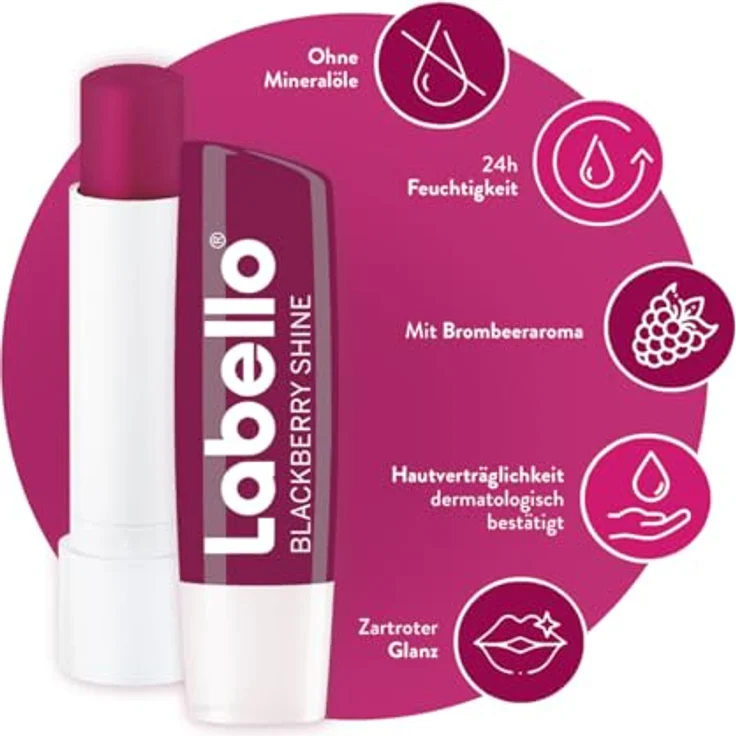 Labello Blackberry Shine Lippenpflegestift, 4,8 g, mit zartrotem Glanz, 24h Feuchtigkeit, Sheabutter und Brombeeraroma – Bild 2