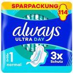 Always Ultra Day Damenbinden Normal (Größe 1) mit Flügeln, 114 Stück, super saugfähig, ultra dünn, 3x Schutz, LeakGuard und OdourLock Technologie