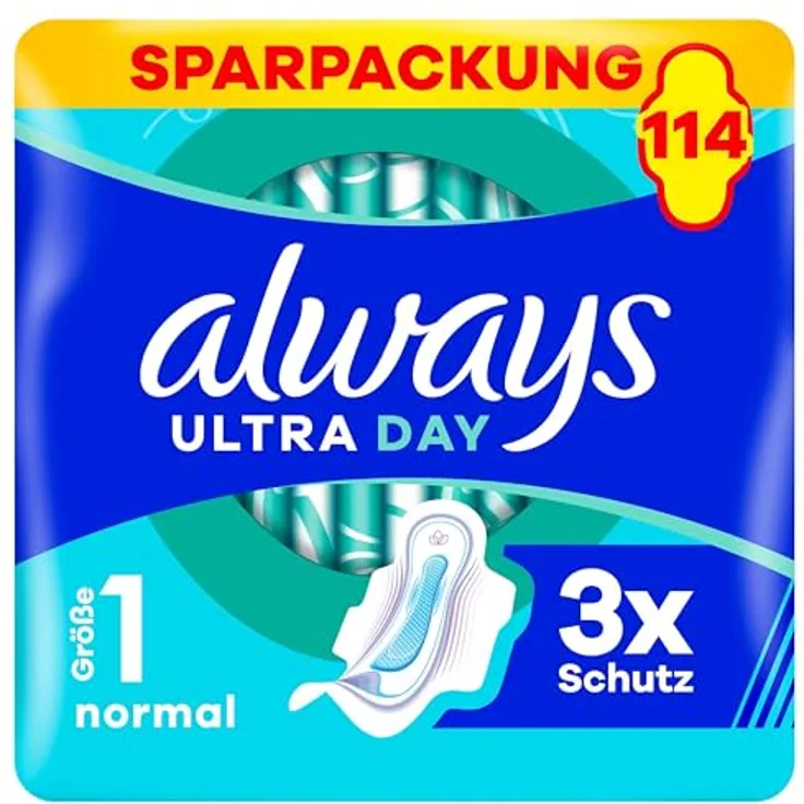 Always Ultra Day Damenbinden Normal (Größe 1) mit Flügeln, 114 Stück, super saugfähig, ultra dünn, 3x Schutz, LeakGuard und OdourLock Technologie