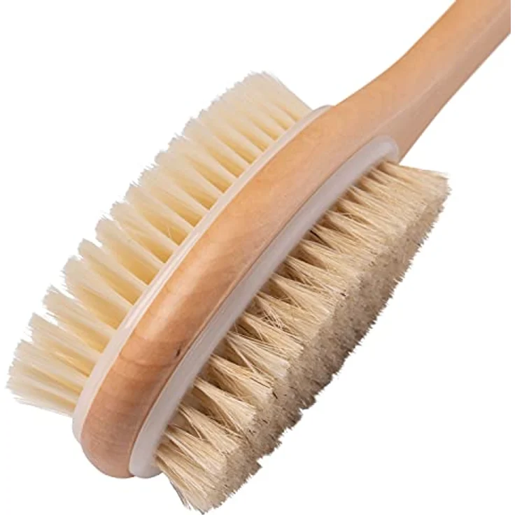 K-Pro Rückenbürste mit langem Stiel, doppelseitige Peelingbürste aus Naturborsten & Kirschholz, harten & weichen Borsten für Dusche und Bad, für Damen & Herren – Bild 3