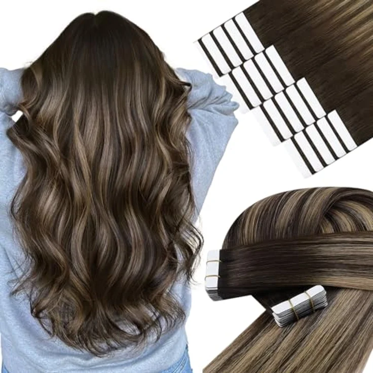 YoungSee Tape-In Extensions, Echthaar Ombre Dunkelbraun/Karamellblond, 30 cm – Ultraleicht, Invisible Tape, mit Ersatzklebebändern – Bild 1