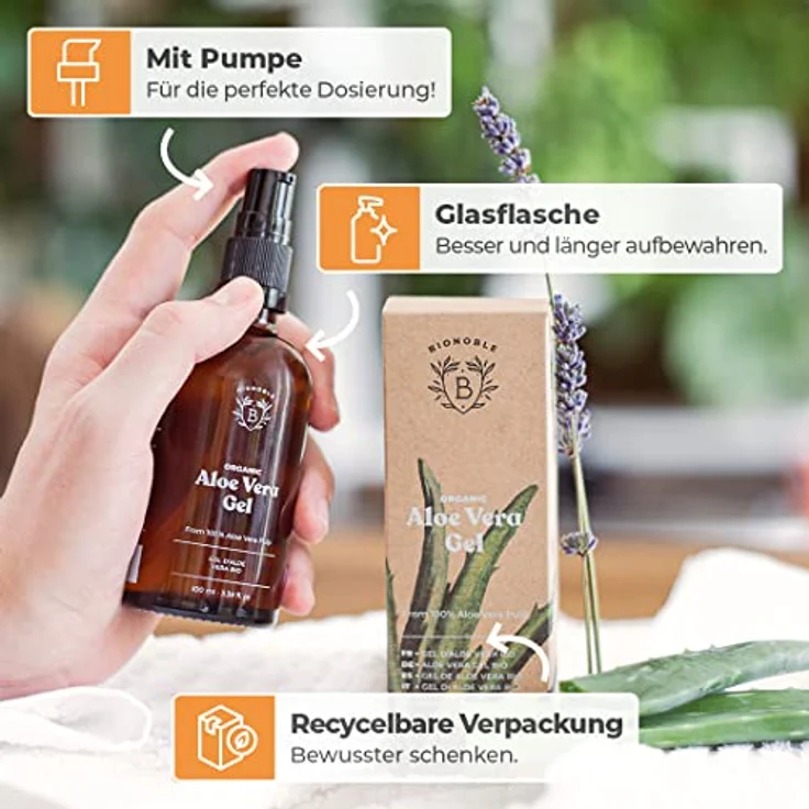 Bionoble Aloe Vera Gel Bio 100ml - Pures Aloe Vera Fruchtfleisch 100% Rein mit Ätherisches Lavendelöl BIO - Ohne Pulver - Ohne Xanthan - Gesicht, Augenpartie, Körper, Haare - Glasflasche + Pumpe – Bild 4