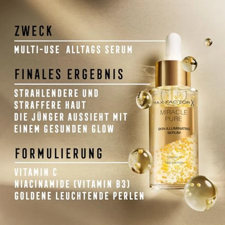 Max Factor Miracle Pure Illuminating Serum, Pflegeboost für die Haut mit Vitamin C und Niacinamide, 30 ml, goldene Pigmente für ein gesundes Strahlen – Bild 4