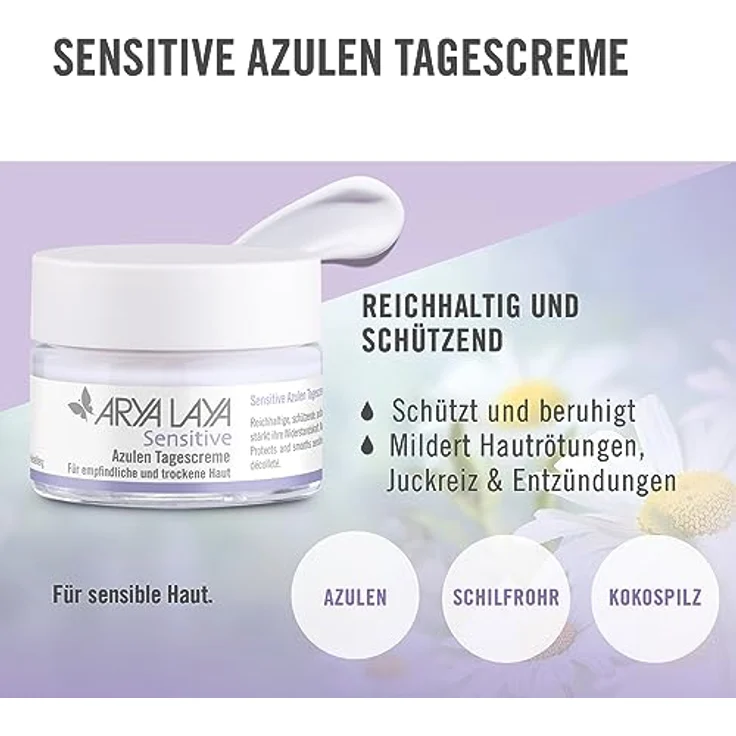 Arya Laya Sensitive Azulen Tagescreme, 50 ml: Hautausgleich bei Rötungen, Juckreiz & Entzündungen, für empfindliche Haut, beruhigender Mandelduft – Bild 2