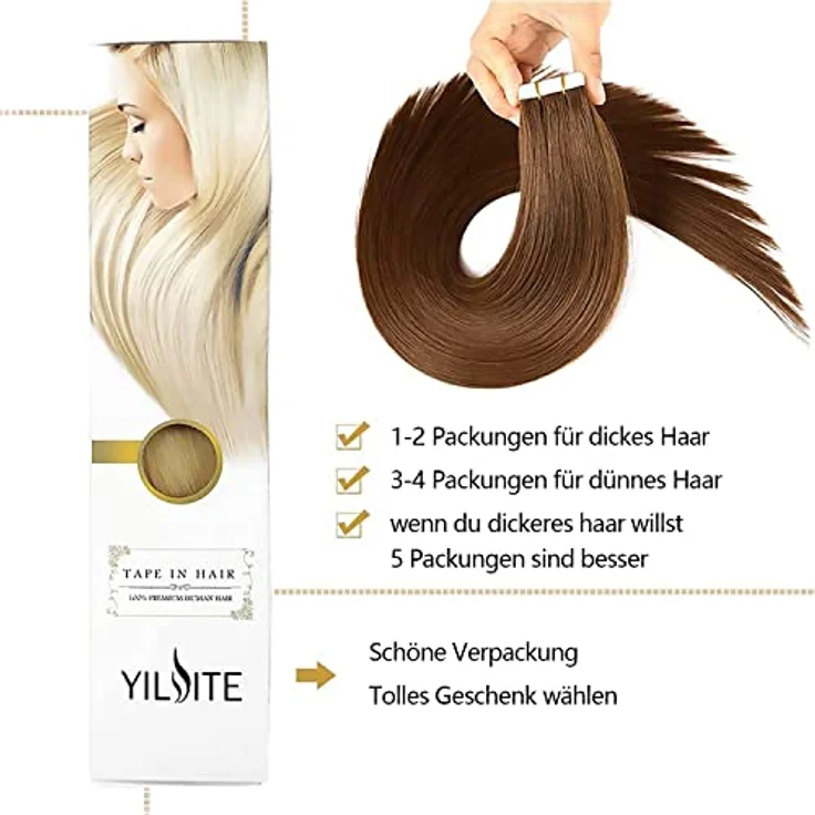 YILITE Tape Extensions Echthaar, Mittelbraun 40cm, 20 Stück, 40g, Invisible Skin Weft, Seidig Gerade, Wiederverwendbar – Bild 4
