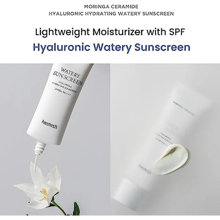 HEIMISH Moringa Ceramide Hyaluronic Acid Hydrating Watery Sunscreen SPF 50+ PA++++, 50ml - Leichte, feuchtigkeitsspendende Sonnencreme für trockene Haut – Bild 2