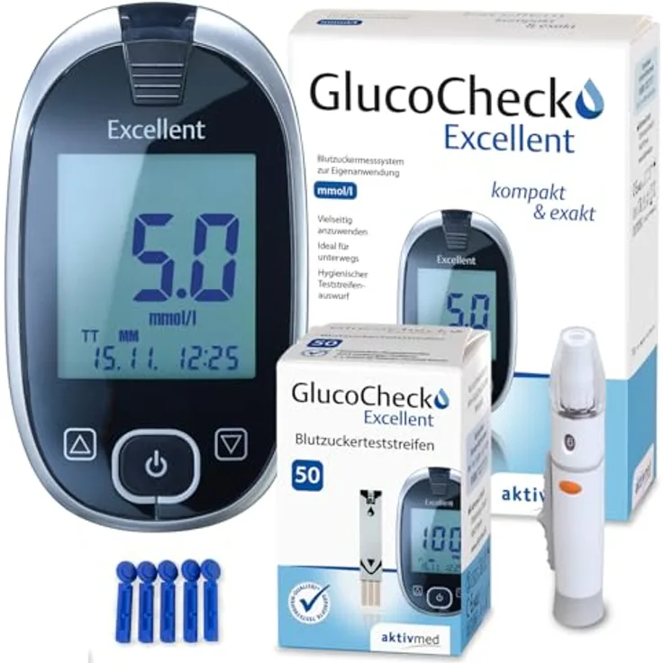 aktivmed GlucoCheck Excellent Starter-Set, Blutzuckermessgerät mit USB-Anschluss, 60 Teststreifen, nur 0,5 µl Blutmenge, Messdauer 5 Sekunden, hygienische Auswurf-Taste