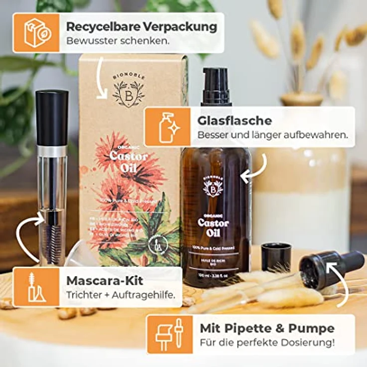 Bionoble Rizinusöl Bio 100ml - 100% Rein, Natürlich und Kaltgepresst - Wimpern, Augenbrauen, Haare, Bart, Nägel - Vegan und Cruelty Free - Castor Oil - Glasflasche + Pipette + Pumpe + Mascara Kit – Bild 4