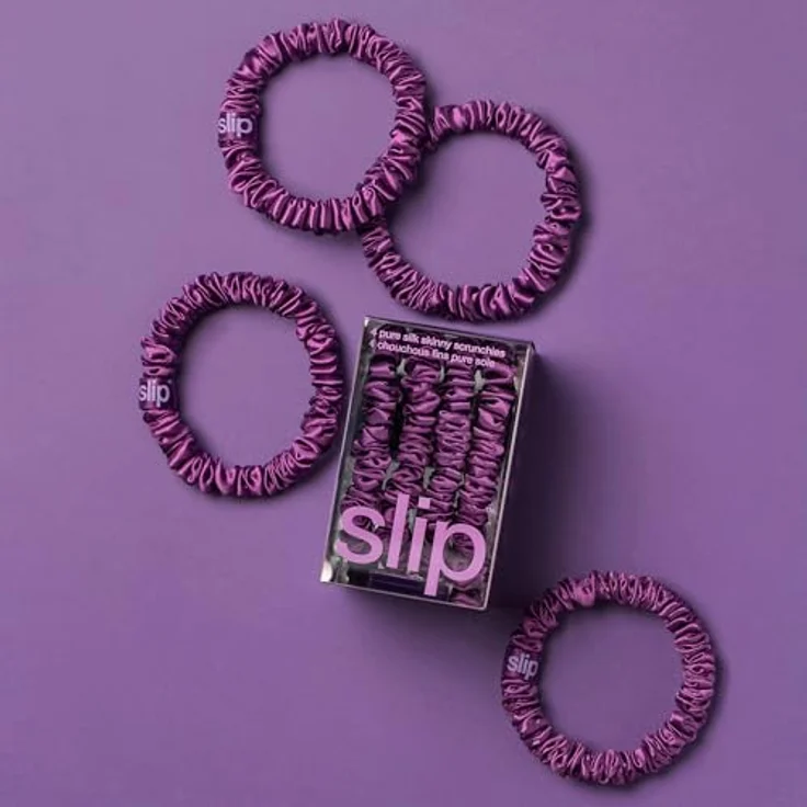 SLIP Skinny-Haargummis, Anti-Falten und bruchsicheres Slipsilk™-Design, schützt empfindliches Haar, 4er Set aus reiner Seide, Dunkelviolett – Bild 3