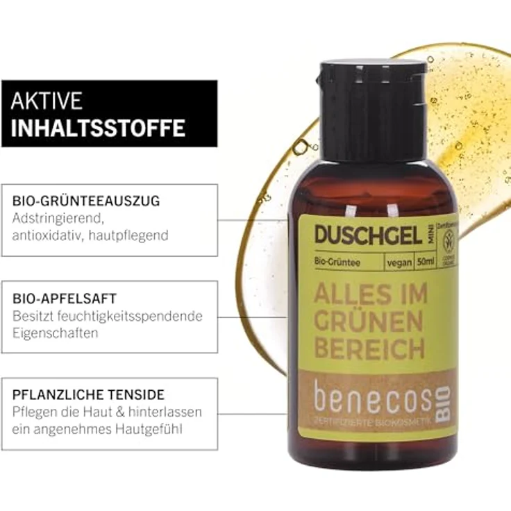Benecos Duschgel Grüntee Mini, 50ml - Sanft reinigendes Duschgel mit Bio-Grünteeauszug und Bio-Apfelsaft – Bild 4