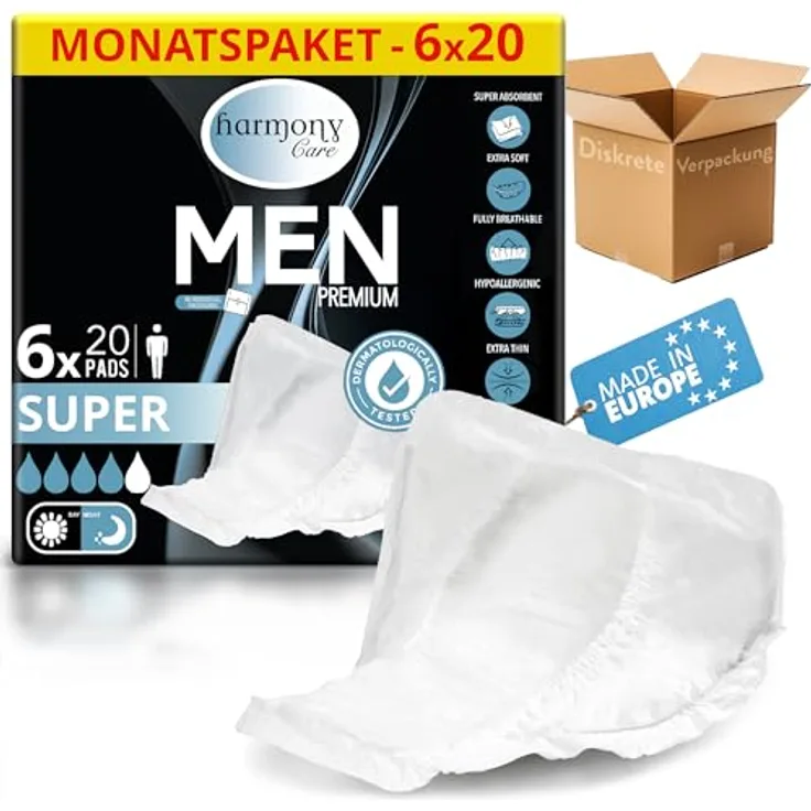 Harmony Care Inkontinenz-Einlage für Männer, 470 ml Saugkraft, anatomisches Design, 120 Stück, mit Odour-Free-System und Seitenauslaufschutz
