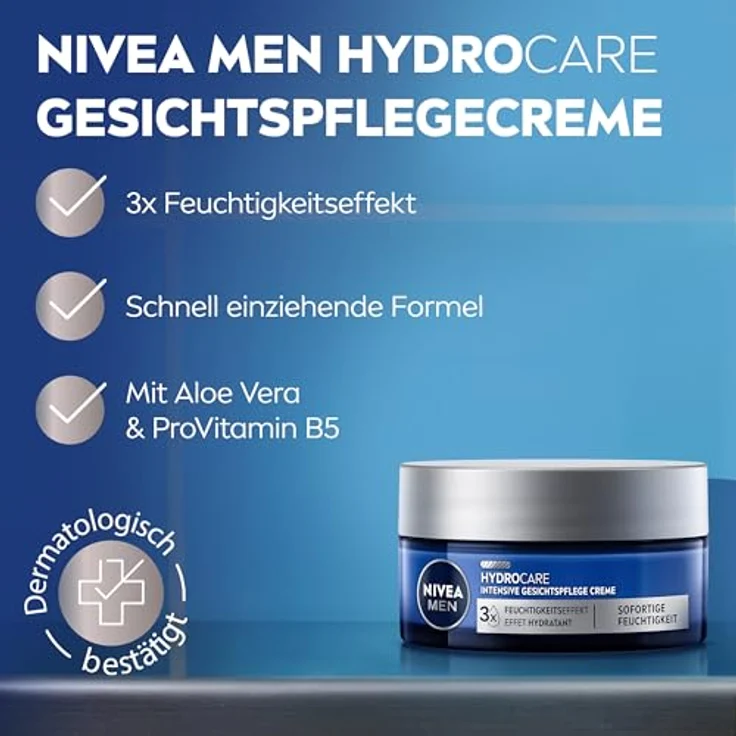 NIVEA MEN Hydrocare Intensive Gesichtspflege Creme, feuchtigkeitsspendende Gesichtscreme mit Aloe Vera und Pro Vitamin B5, 48h Schutz vor Austrocknung, 50 ml – Bild 2