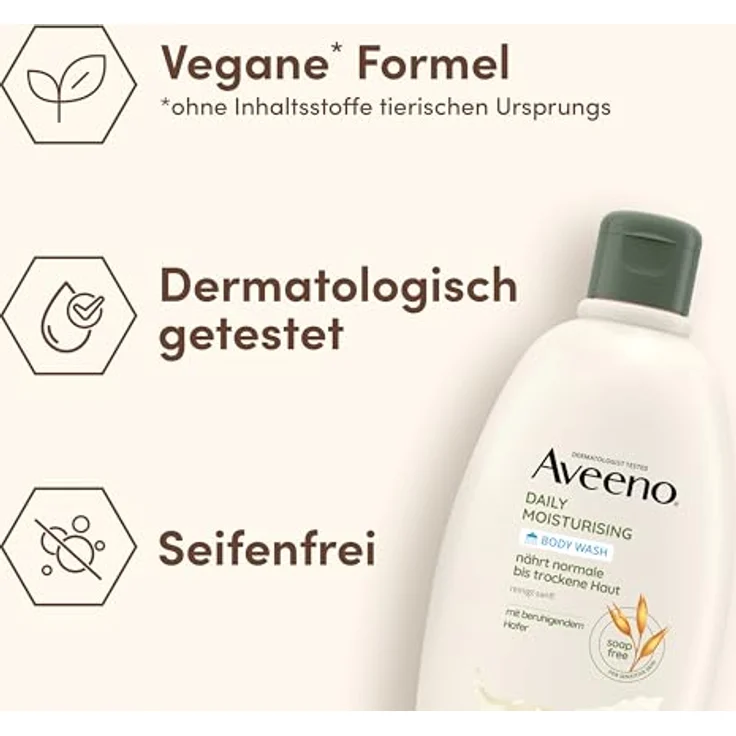 Aveeno Daily Moisturising seifenfreies Duschgel (500ml) für normale bis trockene Haut mit Hafer - vegane Pflegedusche – Bild 5