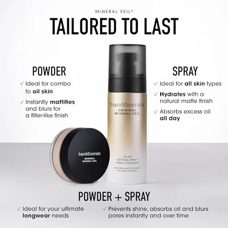 bareMinerals Original Mineral Veil 24HR Natural Matte Setting Spray, alkoholfreies Fixing Spray für 24 Stunden Halt, mattierend und schweiß- sowie wasserresistent – Bild 7
