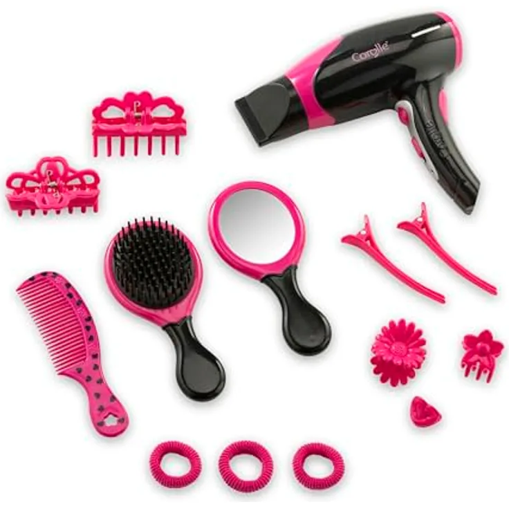 Corolle MaCorolle Haarstyling Set, 14 Teile, Stylingzubehör mit Fön, elektrischer Funktion, Bürste, Kamm, Spiegel, Haarclips und Gummis, ab 3 Jahre