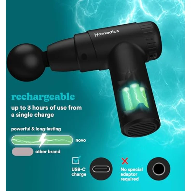Homedics PGM-45BK NOVO Mini Massage Gun, Massagepistole mit 6 Stufen und 60 Minuten Laufzeit, schwarz – Bild 5