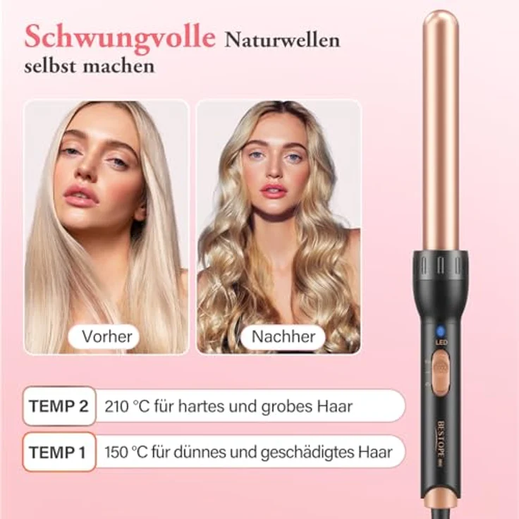 BESTOPE MIX Lockenstab 5 in 1, Keramik Lockenstab Set mit 9-32mm Aufsätzen, schnellaufheizend, 2 Temperatureinstellungen, Autoabschaltung, Schwarz – Bild 5