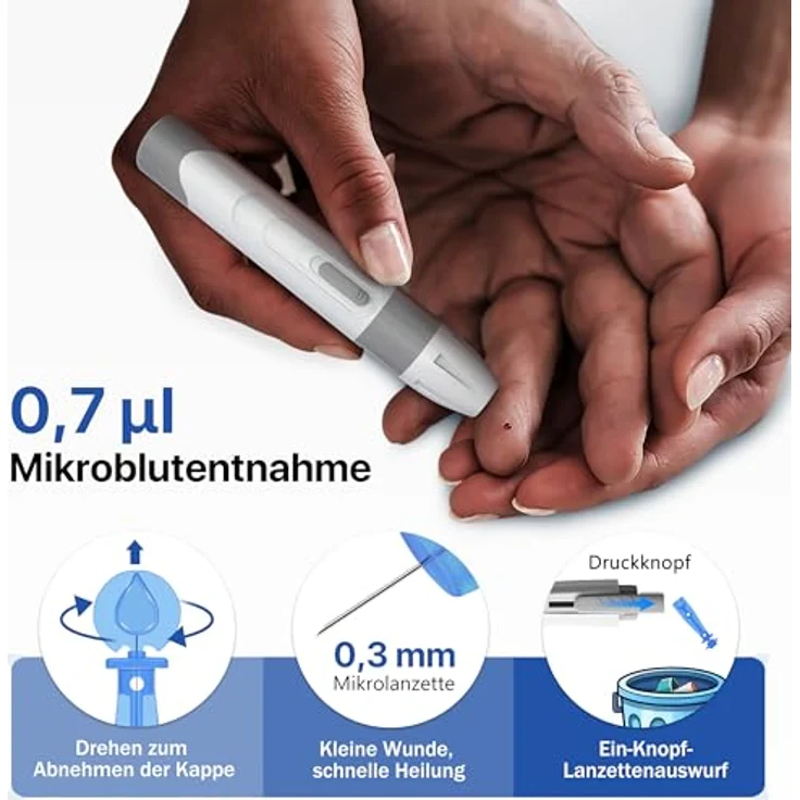 LinkSun Blutzuckermessgerät G-425-3, inkl. 100 Teststreifen & Lanzetten, automatische Aktivierung, kodierungsfrei, 500 Speicherplätze, sanfte Blutentnahme – Bild 5