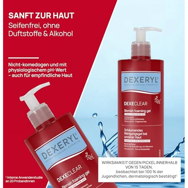 DEXERYL Schäumendes Anti-Unreinheiten Gel mit 2% Salicylsäure, seifenfreie Gesichts- und Körperreinigung für fettige, zu Akne neigende Haut, reduziert Pickel¹ und Mitesser, 400 ml – Bild 5