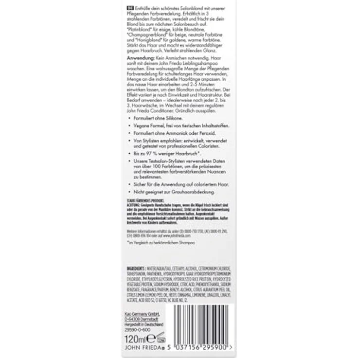 John Frieda Salon Blonde Platinblond, Farbveredelung ohne Ammoniak und Peroxid, hält kühlen Blondton frisch, 120 ml – Bild 2