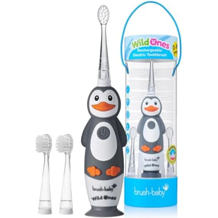 Brush Baby WildOnes WildOne, elektrische Zahnbürste für Kinder mit Schalltechnologie und 2 Ersatzaufsätzen, Penguin Design – Bild 2