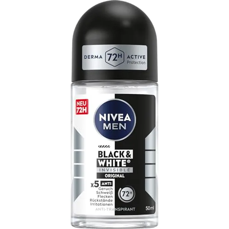 NIVEA MEN Black & White Invisible Original Deo Roll-On, 72h Antitranspirant mit Anti-Flecken-Technologie, alkoholfrei, frischer Duft, 50 ml