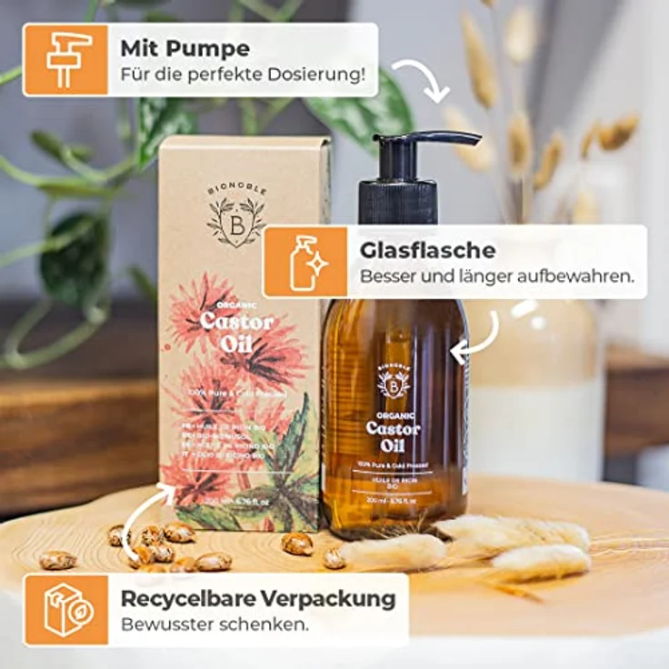 Bionoble Rizinusöl Bio 200ml - 100% Rein, Natürlich und Kaltgepresst - Wimpern, Augenbrauen, Haare, Bart, Nägel - Vegan und Cruelty Free - Castor Oil - Glasflasche + Pumpe – Bild 4