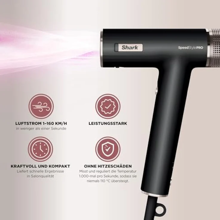 Shark SpeedStyle Pro Haartrockner, hohe Leistung & Power für glattes & welliges Haar mit Kopfhautschutz, 3 Aufsätze, leicht, keine Hitzeschäden, Schwarz HD731EU – Bild 10