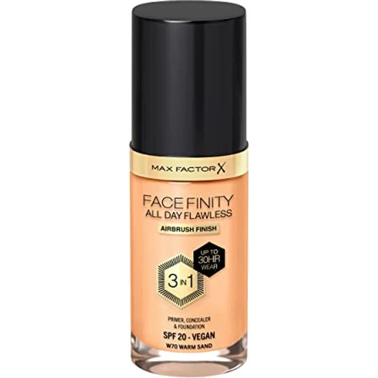 Max Factor Facefinity All Day Flawless Foundation, 3-in-1 Make-up mit LSF 20, vegan, 30 ml, Farbe 70 - WARM SAND – Bild 1