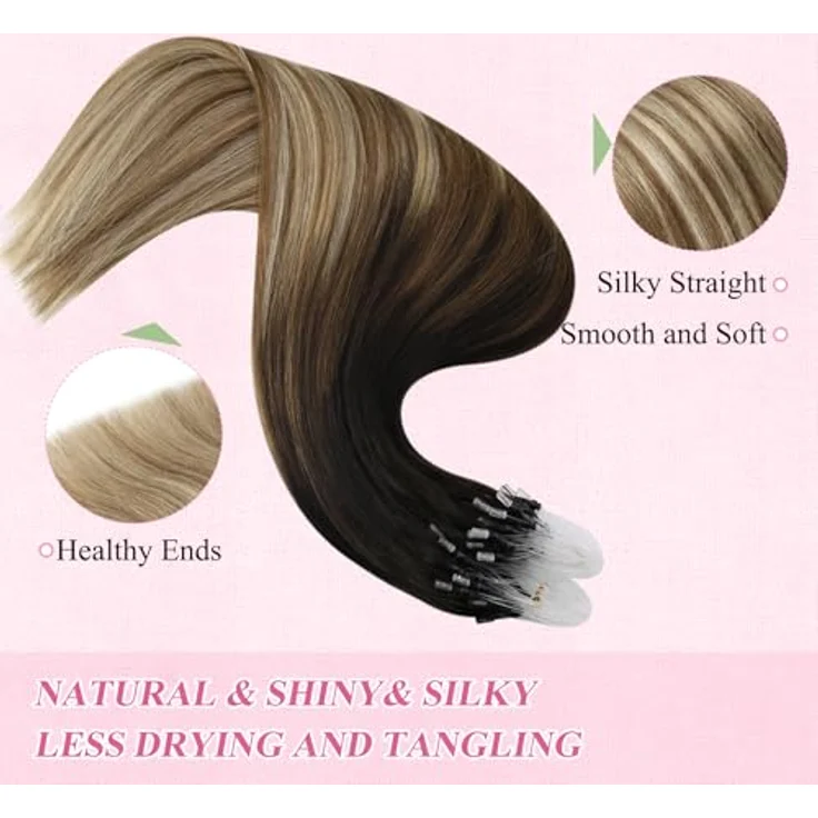YoungSee 60 cm Microring Extensions Echthaar Balayage, Braun-Blond, Kaltfusion, 50g, für Damen – Bild 4