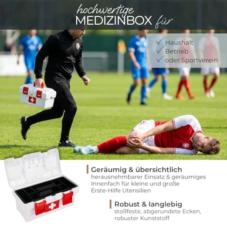 HMF Erste-Hilfe-Koffer, leerer Medizinbox zur Medikamenten Aufbewahrung, 37 x 20 x 18,5 cm, robust in Weiß-Rot mit herausnehmbaren Fächern – Bild 2
