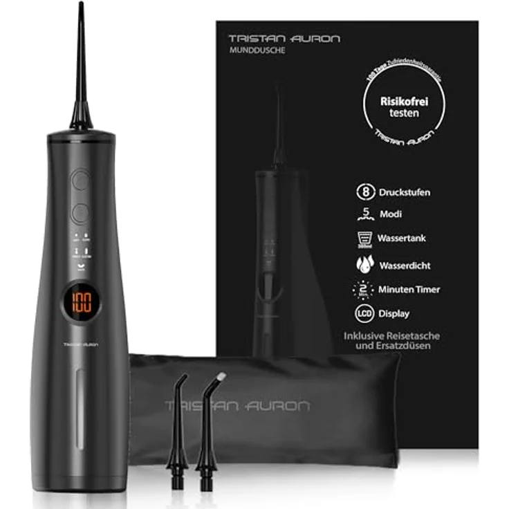 Tristan Auron ProJet Munddusche – 5 Reinigungsmodi, 8 Druckstufen, 300 ml Tank, LCD Display, USB-C Schnellladung, IPX7, inkl. 2 Ersatzdüsen und Reisetasche – Bild 1