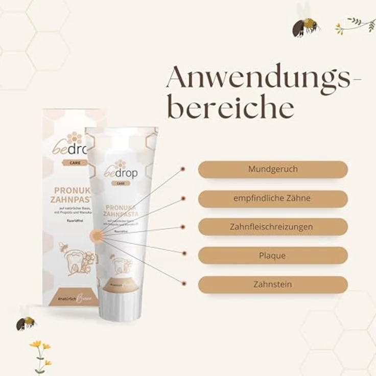 bedrop Pronuka Zahnpasta mit Propolis & Manuka-Öl, fluoridfrei, natürlich, ohne Mikroplastik & Titandioxid, mit Zitrone-Minze Geschmack (75ml) – Bild 4