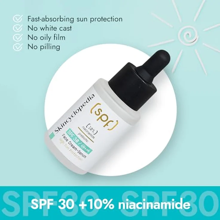 Skincyclopedia Sonnenschutz Gesichtsserum LSF 30, Anti Pickel Serum mit 10% Niacinamide, breitspektraler UVA/UVB Schutz, leicht und schnell einziehend, 30ml – Bild 2