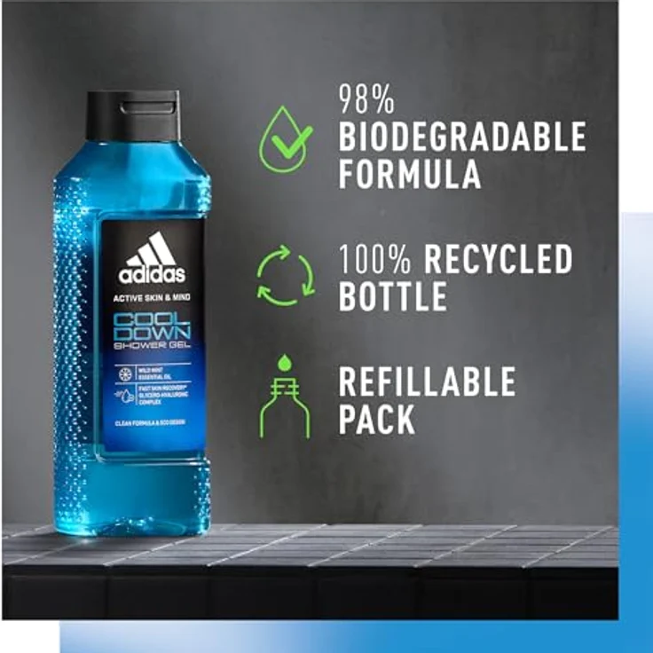 Adidas Active Skin & Mind Cool Down Shower Gel, Herren-Duschgel, 400 ml - mit ätherischen Ölen der wilden Minze - 100% recycelte Flasche – Bild 2