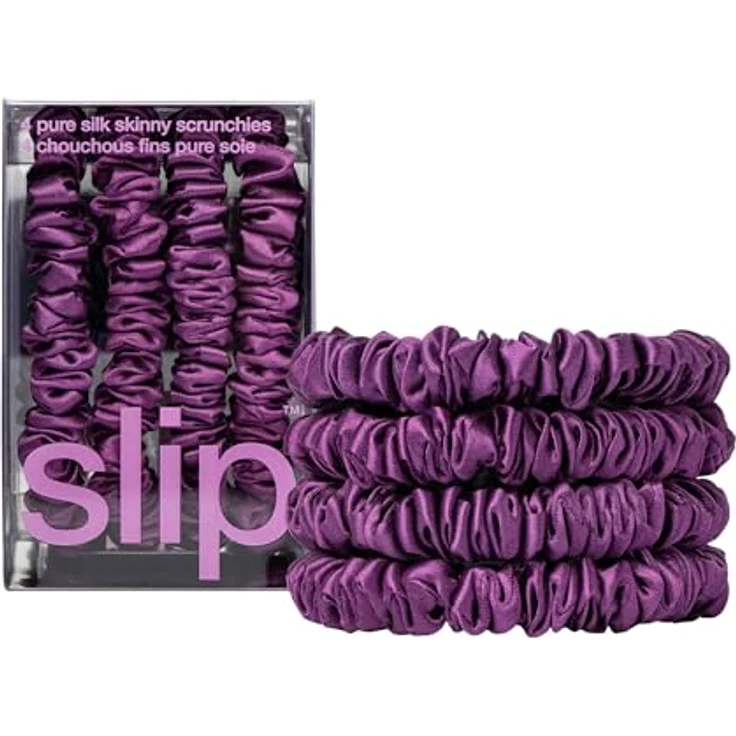 SLIP Skinny-Haargummis, Anti-Falten und bruchsicheres Slipsilk™-Design, schützt empfindliches Haar, 4er Set aus reiner Seide, Dunkelviolett – Bild 1