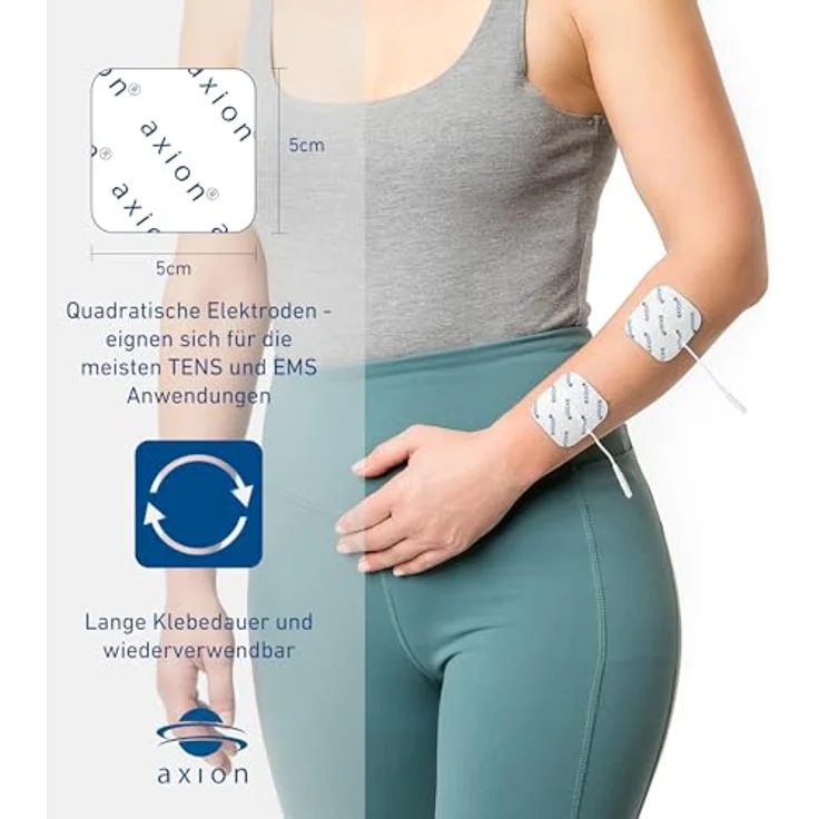 Axion Elektrodenpads 5x5 cm, selbstklebende TENS EMS Elektroden mit 2mm Steckanschluss, 16 Stück, optimale Stromverteilung für gezielte Schmerz- und Muskelbehandlung – Bild 3