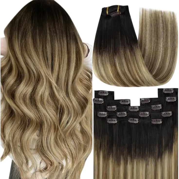 YoungSee Echthaar Extensions Clip, 30 cm Balayage Dunkelbraun Ombre Braun Blond, 80g, 7-teilige Clips-in Haarverlängerung für Damen – Bild 1