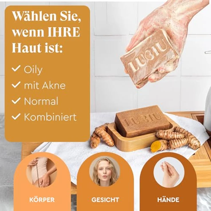 lubiu Kurkuma Seife Stück 100g - Antibakterielle Gesichtsseife gegen Pickel, natürliche Pflege für ebenmäßigen Hautton und strahlende Haut – Bild 4