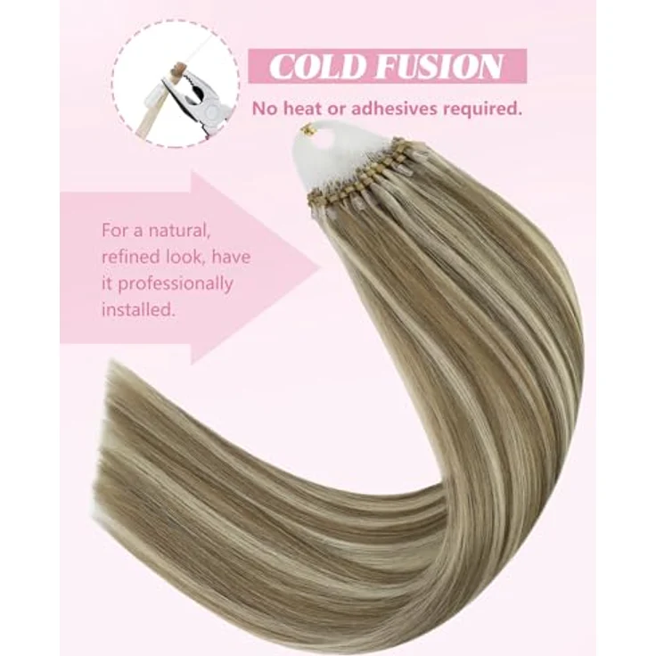 YoungSee Microring Haarverlängerung, Echthaar Extensions Hellbraun & Platinblond, 45 cm, 50g, unsichtbarer und sicherer Halt – Bild 5