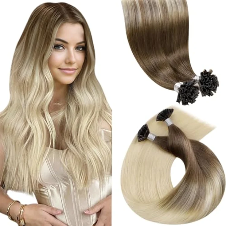 LaaVoo U Tips Extensions Echthaar Balayage Braun, Keratin Bondings Hellbraun Ombre Hellblond #8/59, 50 Strähnen, 35 cm, 50 g – Bild 1