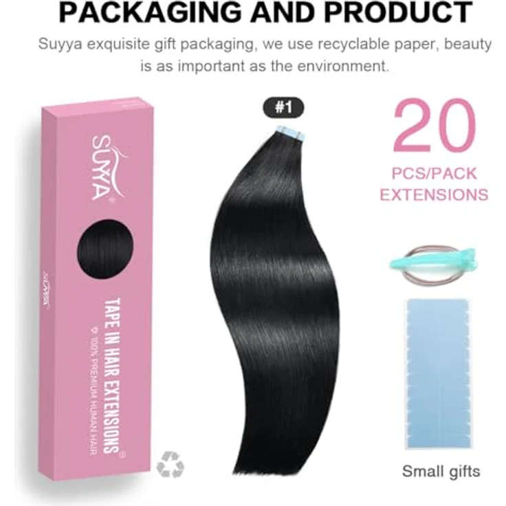SUYYA Tape Extensions Echthaar, Invisible Tape in Extensions, seidig glatt, Remy Haarverlängerungen, 22 Zoll, 20 Stück, 50G, #1 Tief Schwarz – Bild 2